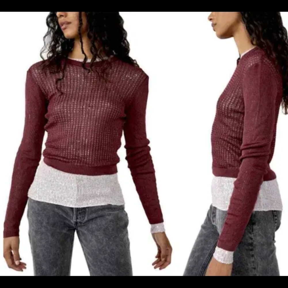 Free People H20 Crew Pullover Sheer Raw Garnet Burgundy S MSRP $98